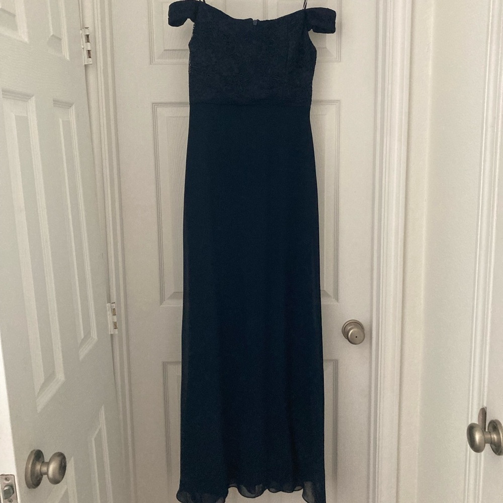 Navy blue off the shoulder floor length dress